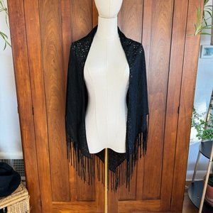 Women's Black Crochet Shawl with Fringe